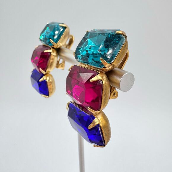 Vintage Three Rhinestone Huge Clip On Earrings Teal Fuchsia Blue 80s Mob Wife - Picture 3 of 16